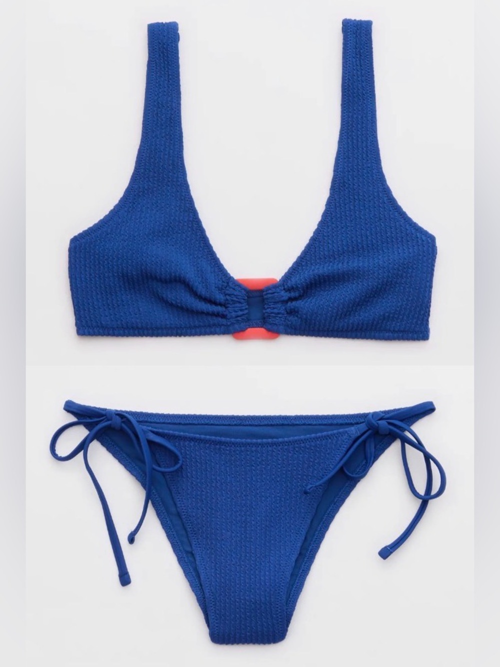 NWT Aerie FULL SET Crinkle Ring Wide Strap Scoop Top + String Tie Bottom Blue S